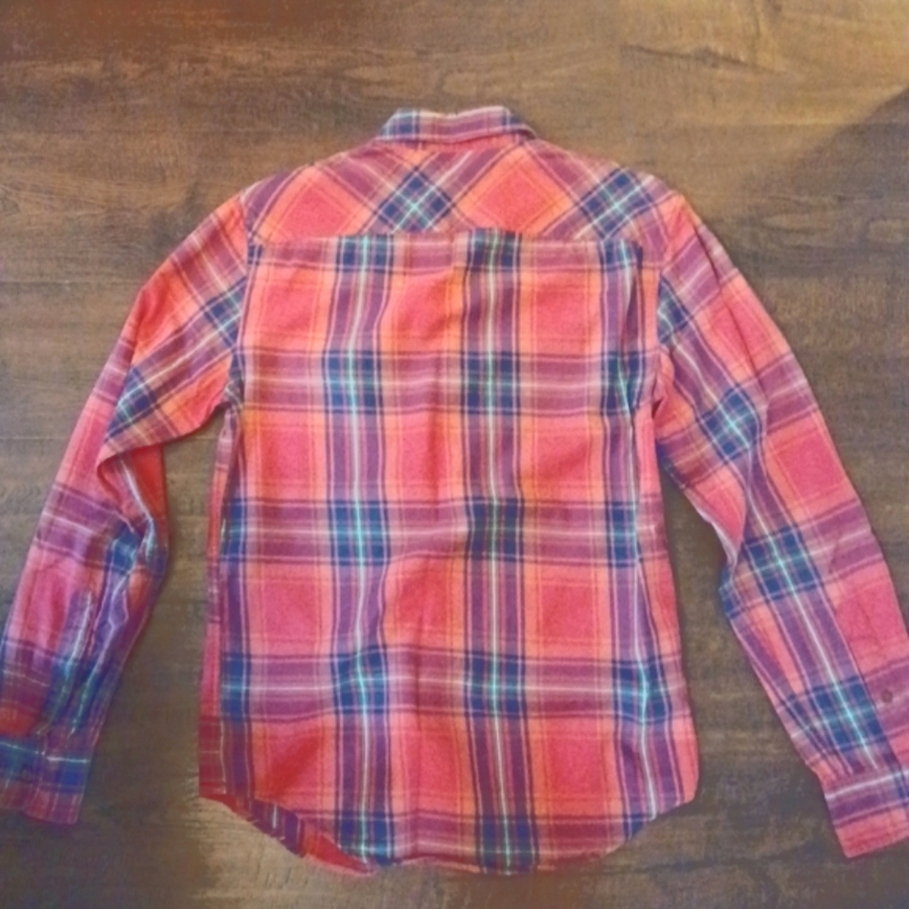 American Eagle Prep Fit Orange Plaid Button - Picture 4 of 8